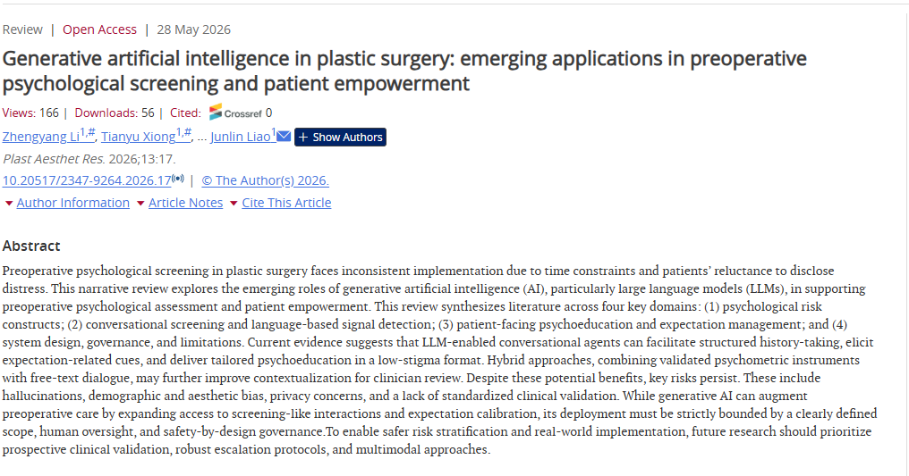 Generative artificial intelligence in plastic surgery: emerging applications in preoperative psychological screening and patient empowerment